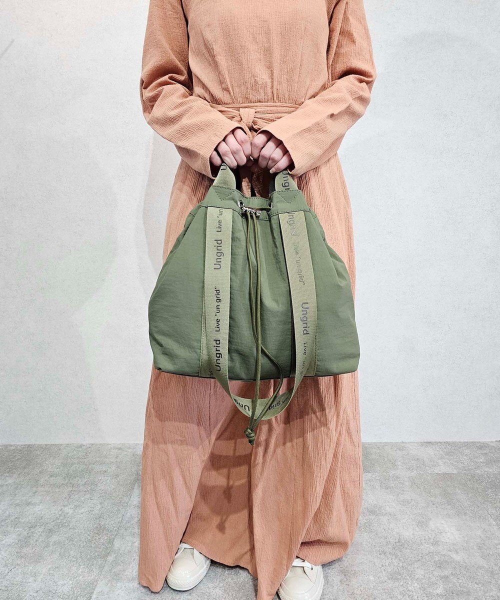 style code 【Ungrid/アングリッド】撥水.軽量ソフトナイロン　ロゴテープ 牛革ハンドル　2WAY 巾着トートバッグ 