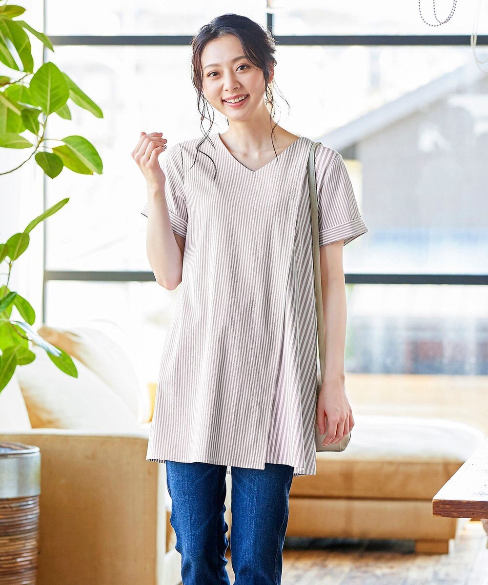Tiaclasse 【洗える】体型カバーも叶うアシンメトリーストライプチュニックブラウス 