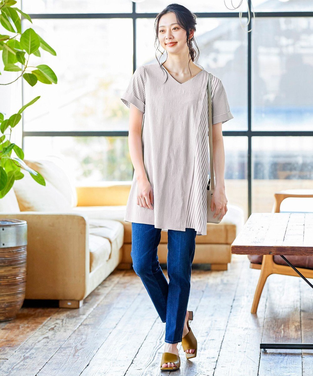 Tiaclasse 【洗える】体型カバーも叶うアシンメトリーストライプチュニックブラウス 