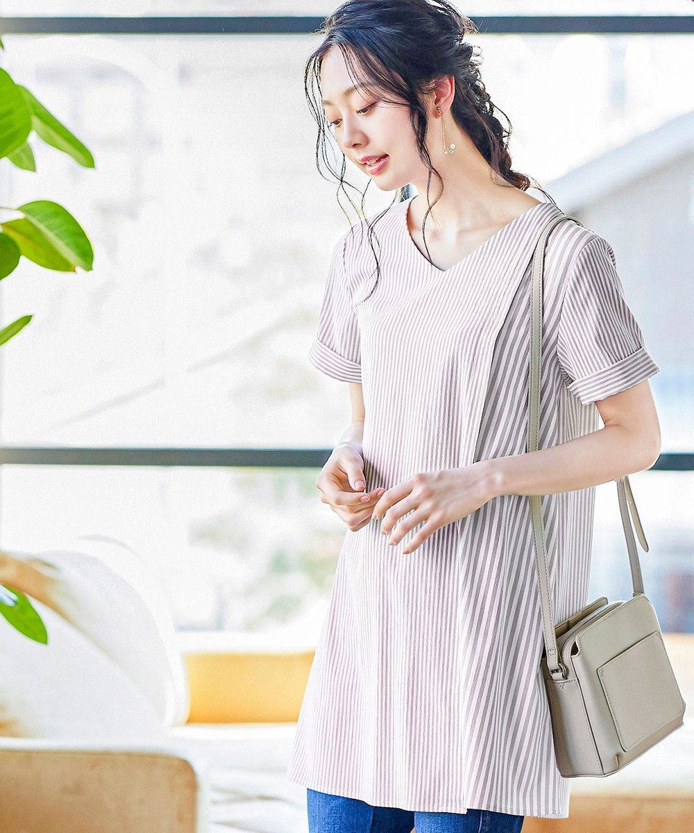 Tiaclasse 【洗える】体型カバーも叶うアシンメトリーストライプチュニックブラウス 