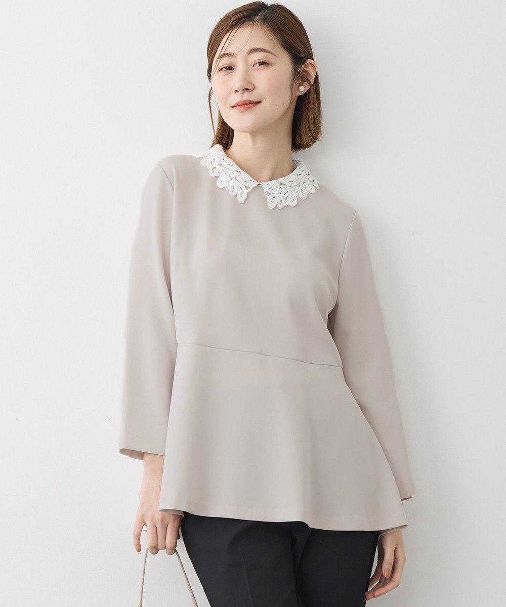 23区 L 【セットアップ対応/洗える】トリアセダブルジョーゼット 2WAYレース襟 ペプラムブラウス 