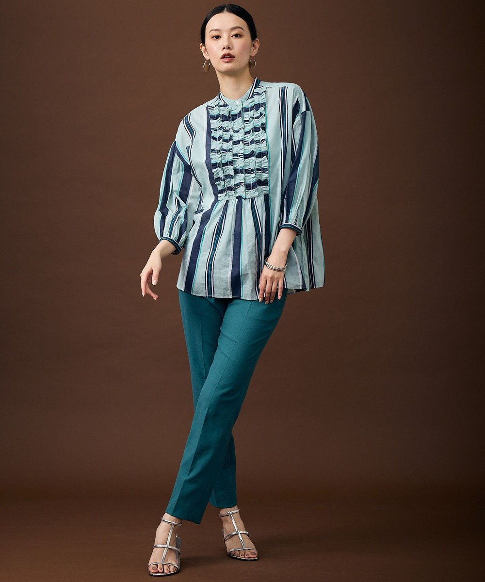 自由区 L 【着映える・涼やか】コットンストライププリントフリル ブラウス 
