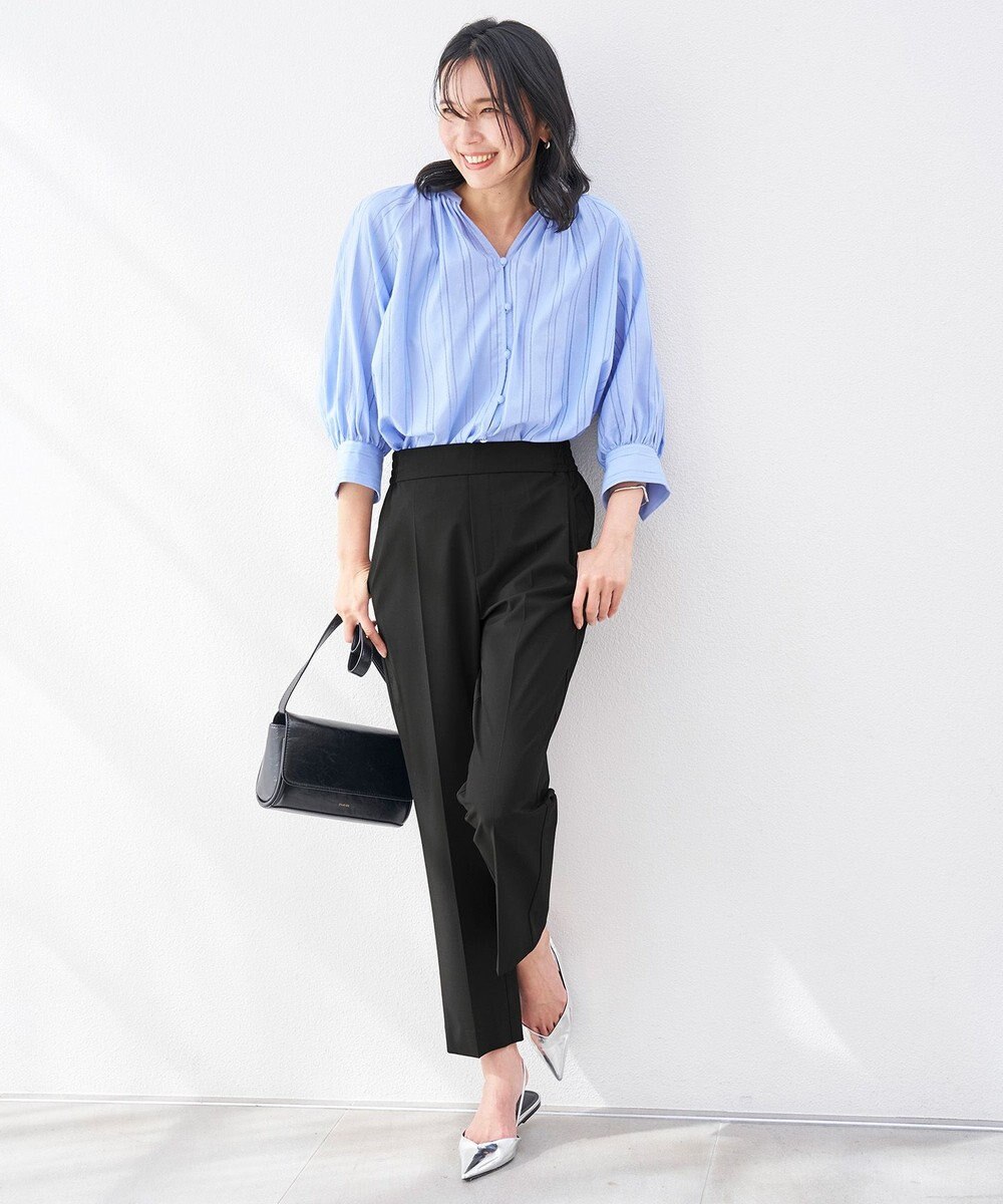 UNFILO ストライプレース ギャザーブラウス 