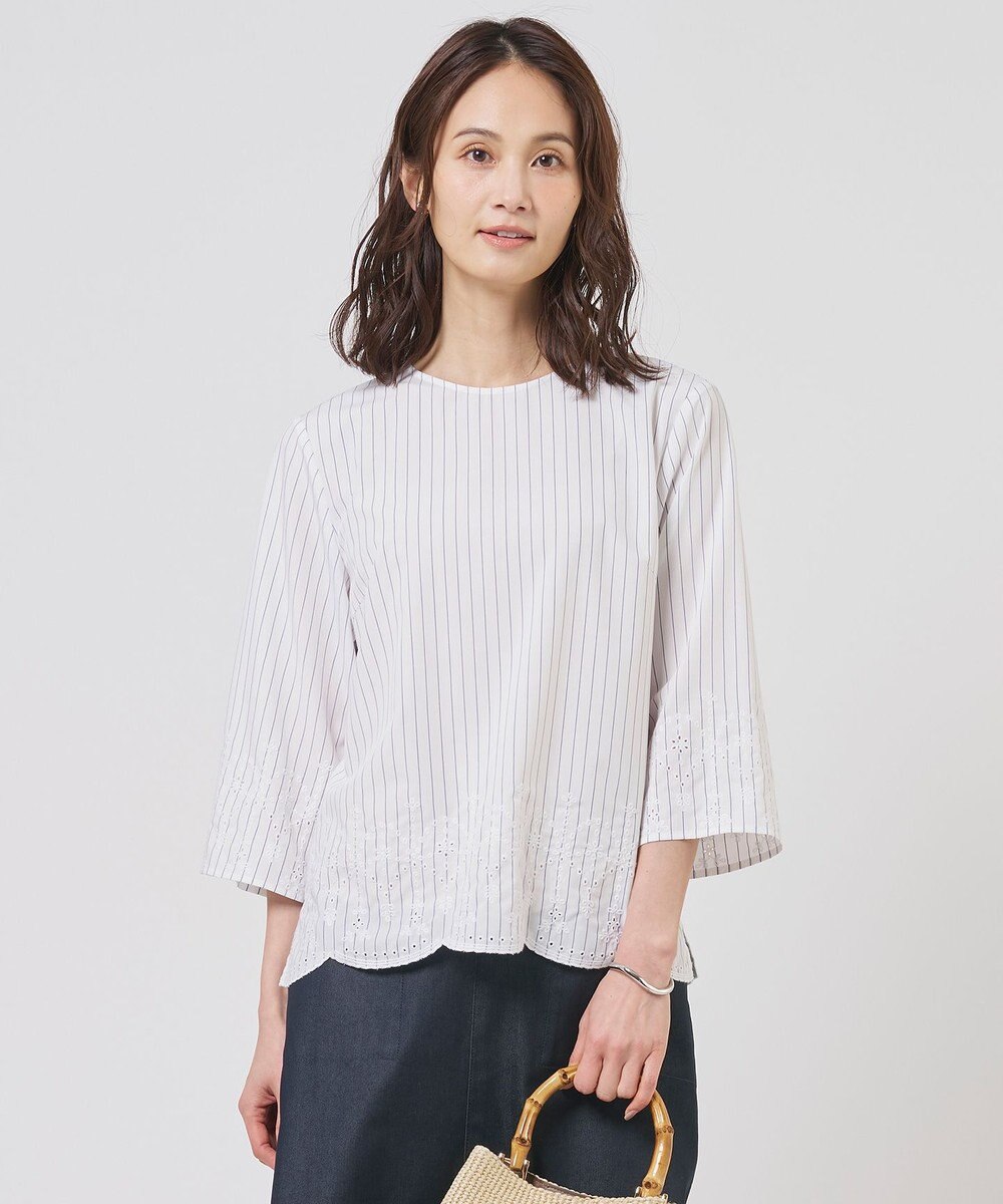 J.PRESS LADIES S ストライプ×エンブロイダリー クルーネック ブラウス 