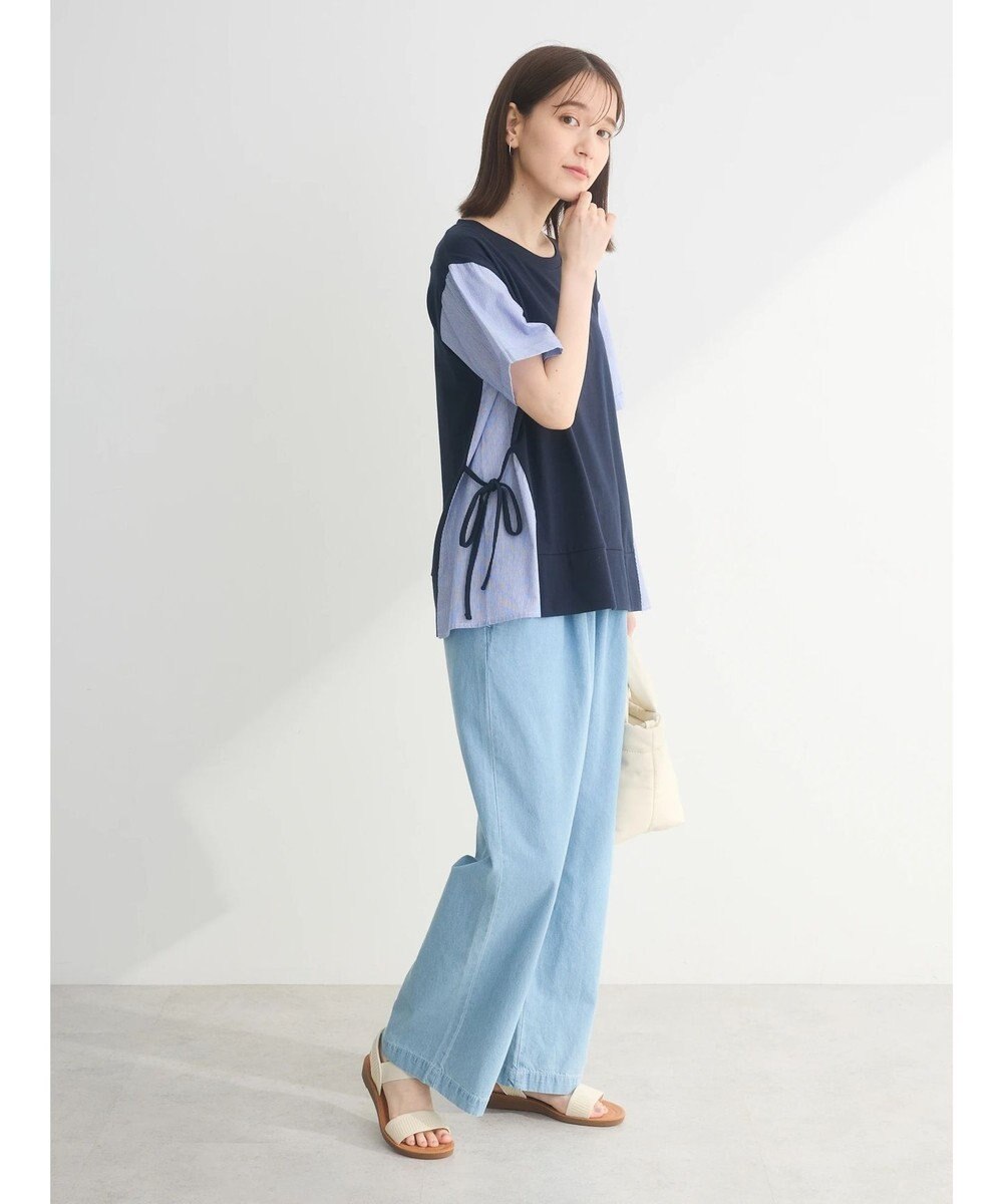 Green Parks 脇リボン５分袖布帛ドッキングプルオーバー 