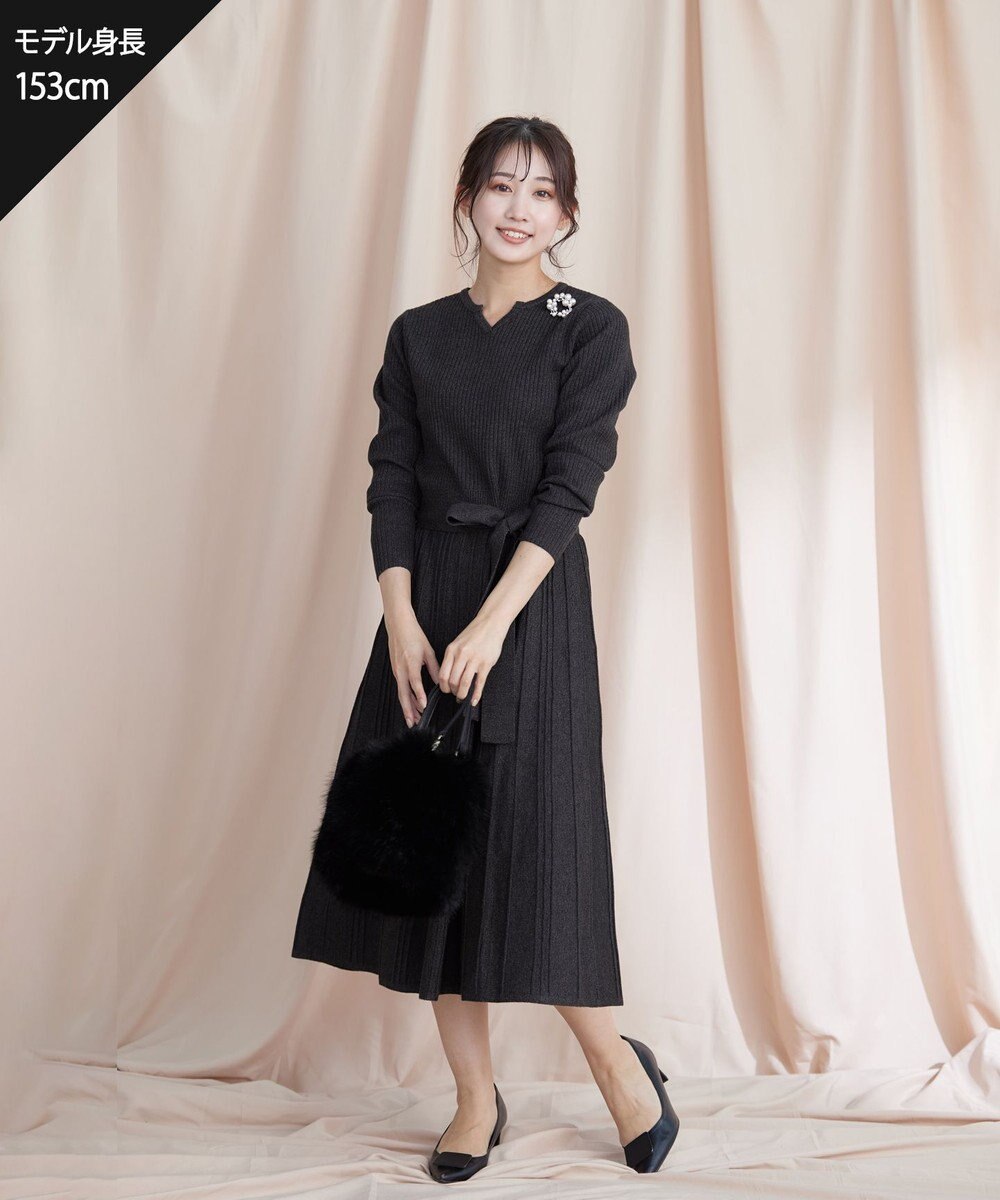 Tiaclasse 【洗える】プリーツ編みラメニットフレアワンピース 