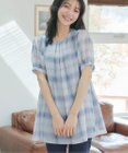 Tiaclasse L シフォンチェックパフスリーブチュニック