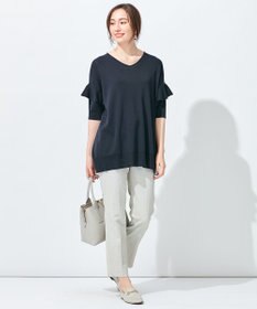 自由区 L 【洗える】ハイツイストコットンアセテート フリルデザインニット