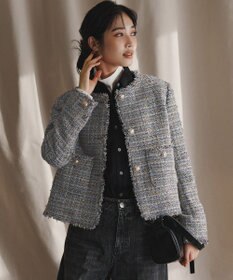 23区 GIOLICAツイード ノーカラー ボタン ジャケット ブルーミックス