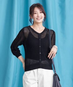 Tiaclasse L 【新色追加・洗える】パフスリーブ透かし編みニットカーディガン