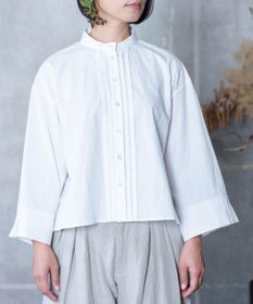 muuc 〈遠州織物の工場で織られた上質な涼しいコットン100%生地〉プリーツ八分袖のタックデザインブラウス