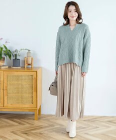Tiaclasse L 【洗える】アラン柄キーネックニットトップス