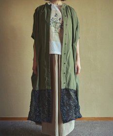 muuc キャッチ裾切り替えフレンチスリーブワンピース〈前開きで羽織にも〉〈日本製〉〈上品な透け感〉〈体型カバー・フリーサイズ〉〈モードな異素材・コットンローン使用〉