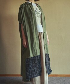 muuc キャッチ裾切り替えフレンチスリーブワンピース〈前開きで羽織にも〉〈日本製〉〈上品な透け感〉〈体型カバー・フリーサイズ〉〈モードな異素材・コットンローン使用〉