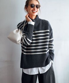 UNFILO カシミヤブレンド ハイネックニット チャコールボーダー