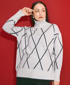 ICB ソフトカシミヤミックス ダイヤ柄ハイネックニット トープ×ブラック系