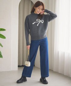 Feroux 【洗える】リボン柄ハイネック プルオーバーニット