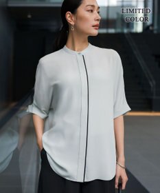 ICB 【WEB限定カラーあり】BackSatinAmunzen 5分袖バンドカラーブラウス アッシュブルー［WEB限定］