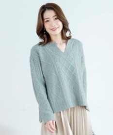 Tiaclasse 【洗える】アラン柄キーネックニットトップス