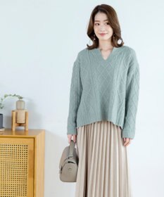 Tiaclasse 【洗える】アラン柄キーネックニットトップス