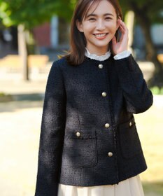 ANY SIS ノーカラーフリンジツイード ジャケット ネイビー