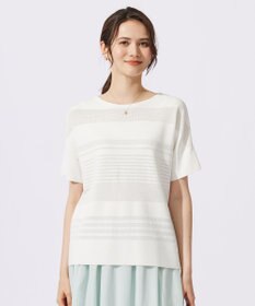 自由区 【UVカット・洗える】クレープストレッチボーダー ニット オフホワイト