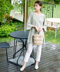 Tiaclasse 【洗える】タックフレアパール付き袖チュニックブラウス