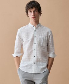 JOSEPH ABBOUD 【キングサイズ・リネンブレンド】コットンリネン ボイルコード 七分袖 バンドカラー シャツ