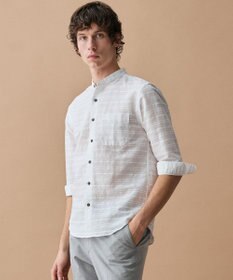 JOSEPH ABBOUD 【キングサイズ・リネンブレンド】コットンリネン ボイルコード 七分袖 バンドカラー シャツ