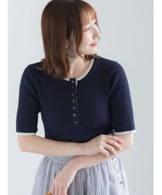Te chichi 【UVカット】ヘンリーネック5分袖配色リブニット