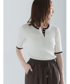 Te chichi 【UVカット】ヘンリーネック5分袖配色リブニット