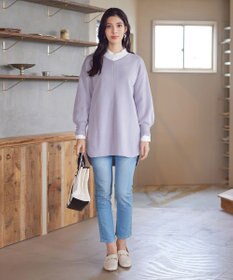 Tiaclasse 【洗える】Vネックラウンドヘムニットチュニック