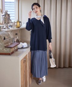 Tiaclasse 【洗える】Vネックラウンドヘムニットチュニック