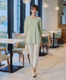 Tiaclasse 【洗える】Vネックラウンドヘムニットチュニック