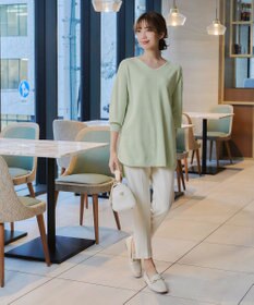 Tiaclasse 【洗える】Vネックラウンドヘムニットチュニック