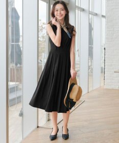 Tiaclasse L 【2TYPEスリーブ/半袖・ノースリーブ・洗える】タックフレアワンピース