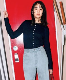 UNFILO ドライタッチリブ カーディガン ネイビー×パールボタン