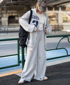 WEGO 【ウエストゴム】ダメージスウェットワイドパンツ