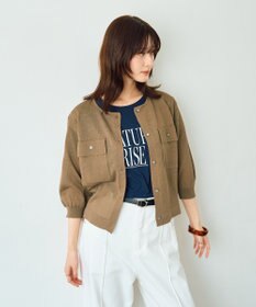 YECCA VECCA ノーカラー7分袖ポケットカーディガン