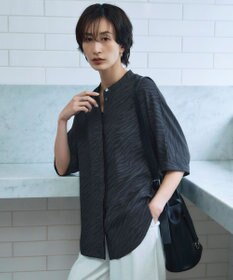 ICB 【人気のため新色追加・接触冷感・UVケア・速乾・洗える】BackSatinAmunzen 5分袖バンドカラーブラウス ゼブラ［チャコール］柄系