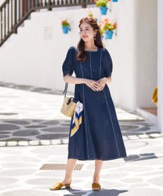 Tiaclasse 【洗える】パフスリーブ配色ステッチワンピース