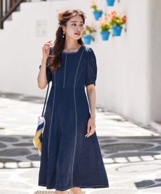 Tiaclasse 【洗える】パフスリーブ配色ステッチワンピース