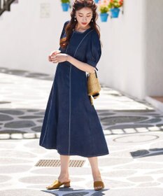 Tiaclasse 【洗える】パフスリーブ配色ステッチワンピース