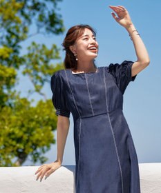 Tiaclasse 【洗える】パフスリーブ配色ステッチワンピース