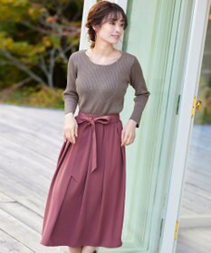 Tiaclasse 【洗える】異素材を組み合わせたミモレ丈リブコンビワンピース