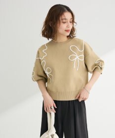 Green Parks ・ＥＬＥＮＣＡＲＥ　ＤＵＥ　ライン刺繍５分袖ニット