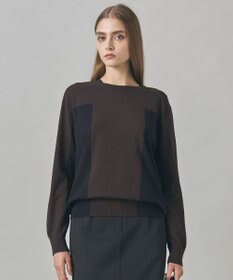 ICB 【洗える】マットヴィスコースポリエステル ブロッキングニット ダークブラウン×ネイビー系