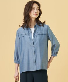 J.PRESS LADIES L 【シーンレスに活躍】ウォッシャブルキュプラツイル タックデザイン ブラウス ブルーシャンブレー系
