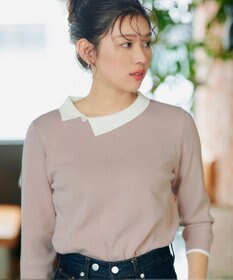 Tiaclasse 【洗える】配色衿ビジュー付きニットトップス