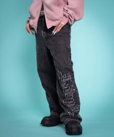 WEGO 【ユニセックス着用YD/ウエスト調整可/MLサイズ展開】グラフィックデニムパンツ